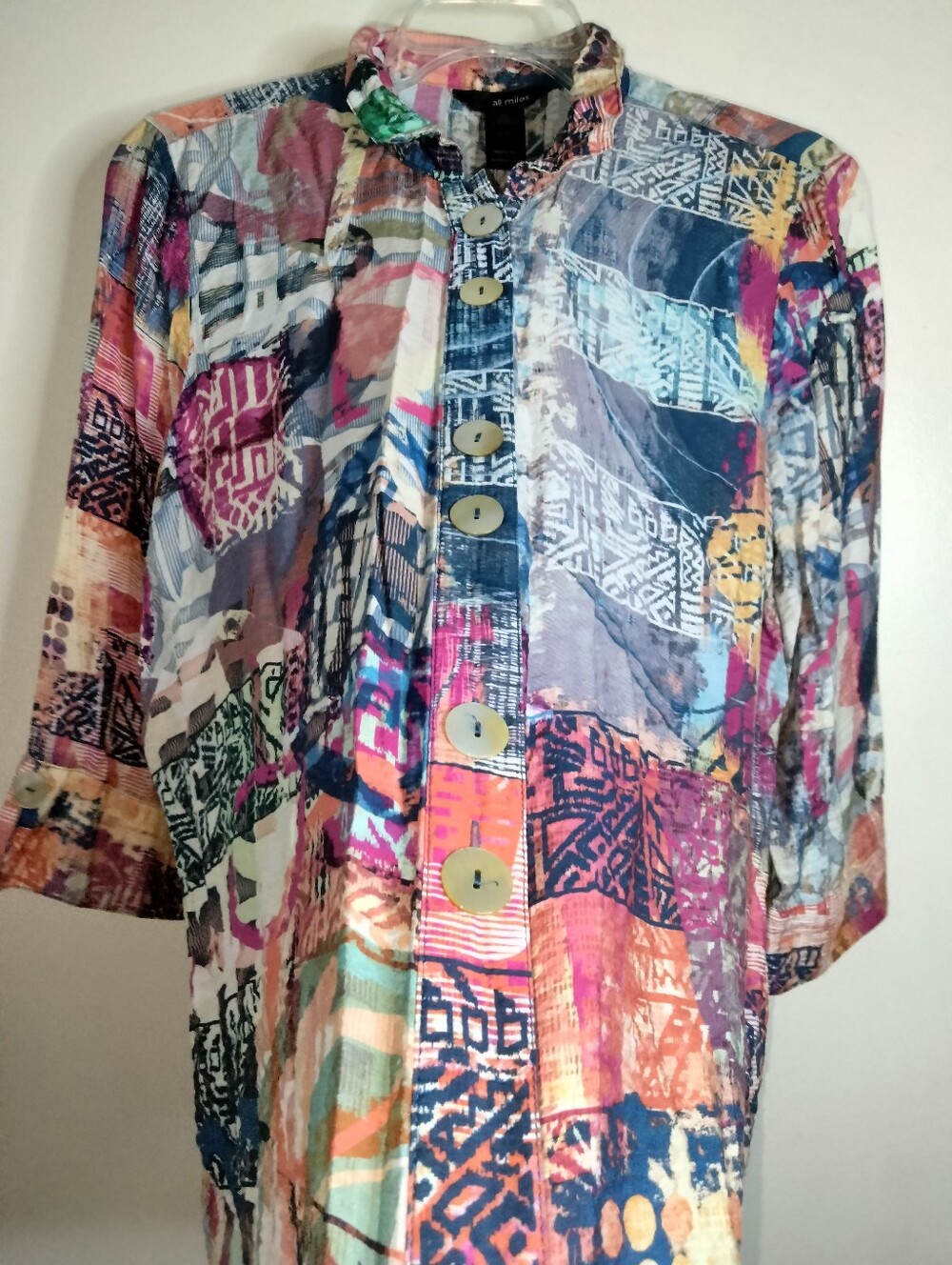 Ali Miles (Size 1X) Multicolored Patchwork Rayon 3/4 Sleeves Button-Down Shirt - Picture 6 of 12